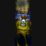 710 Pipes Smoke Shop Matty White Carnival glass one hitter pipe featuring a detailed Mike Wazowski millefiori design.