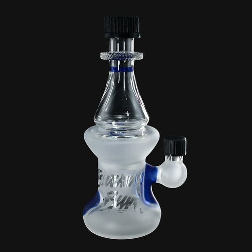 710 Pipes Smoke Shop Moocah Glass color uptake bottle with frosted base, blue accents, and 10mm joint. 8 inches tall.