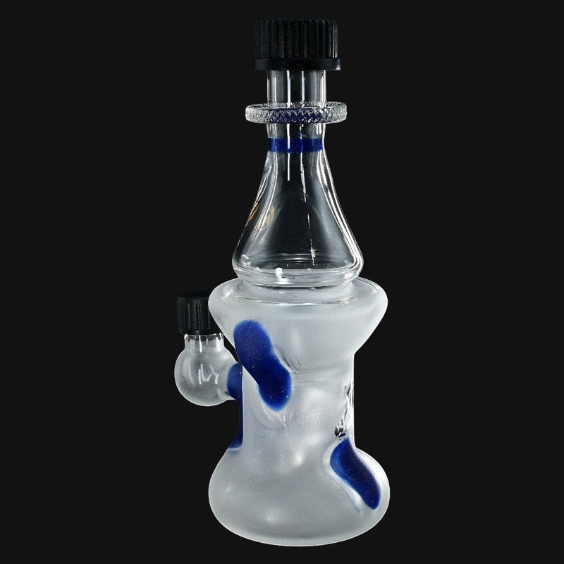 710 Pipes Smoke Shop Moocah Glass color uptake bottle with blue accents, 8 inches tall, 10mm joint.