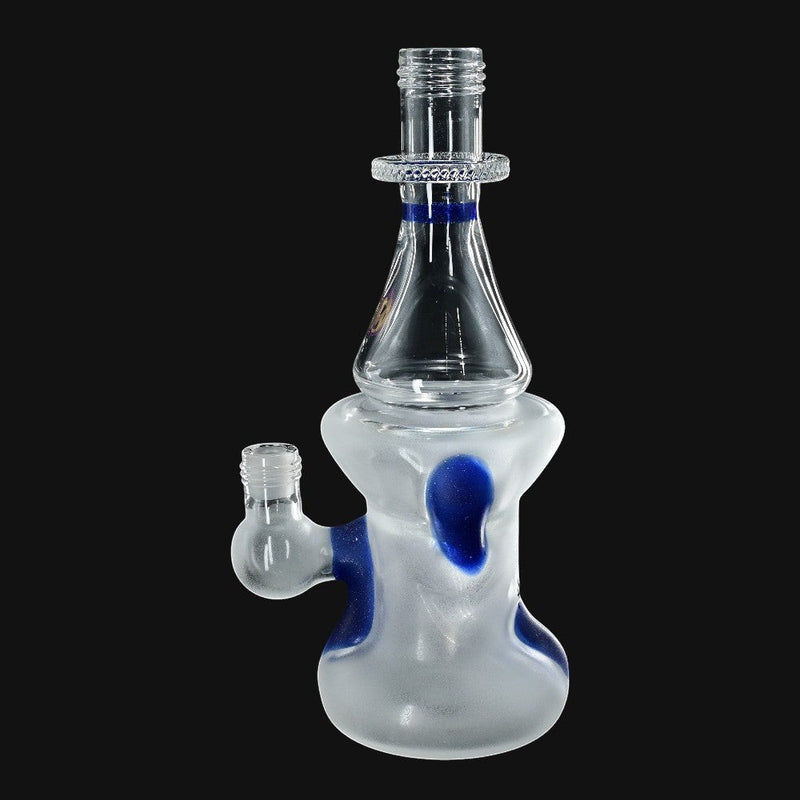 710 Pipes Smoke Shop Moocah Glass color uptake bottle, 8 inches tall, 10mm joint, frosted white with blue accents.