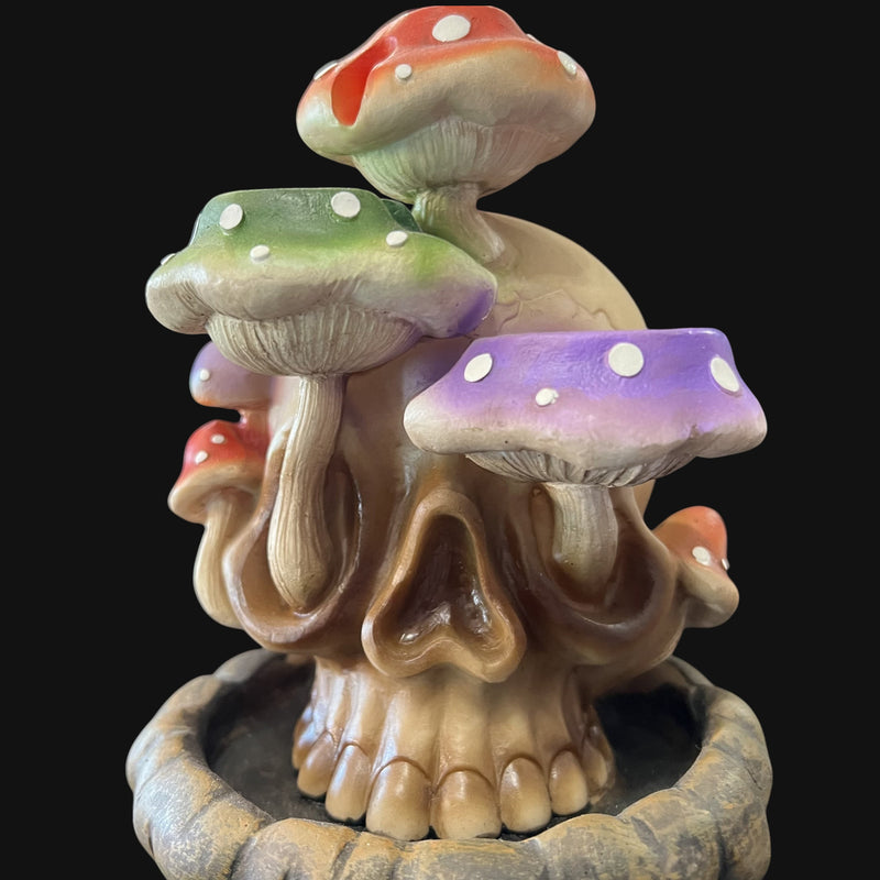 710 Pipes Smoke Shop tri-mushroom skull backflow cone burner with red, green, and purple spotted mushrooms