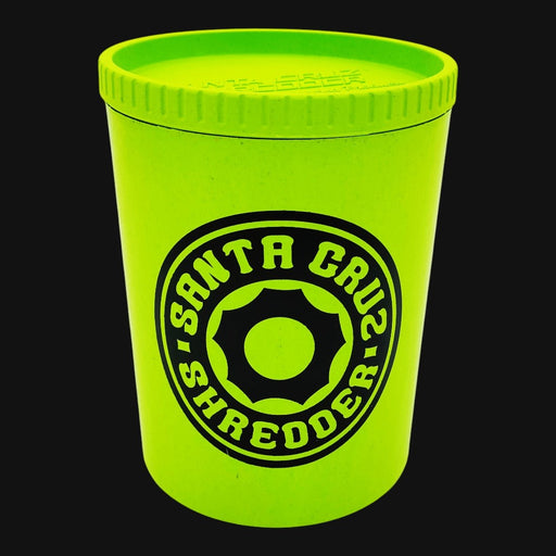 710 Pipes Smoke Shop neon green hemp Santa Cruz Stash Jar with an air-tight lid and black logo branding.