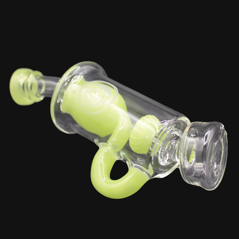 710 Pipes Smoke Shop OJ Flame Incycler Peak Top - Double Dose, clear glass with lime green accents and double dose chamber.
