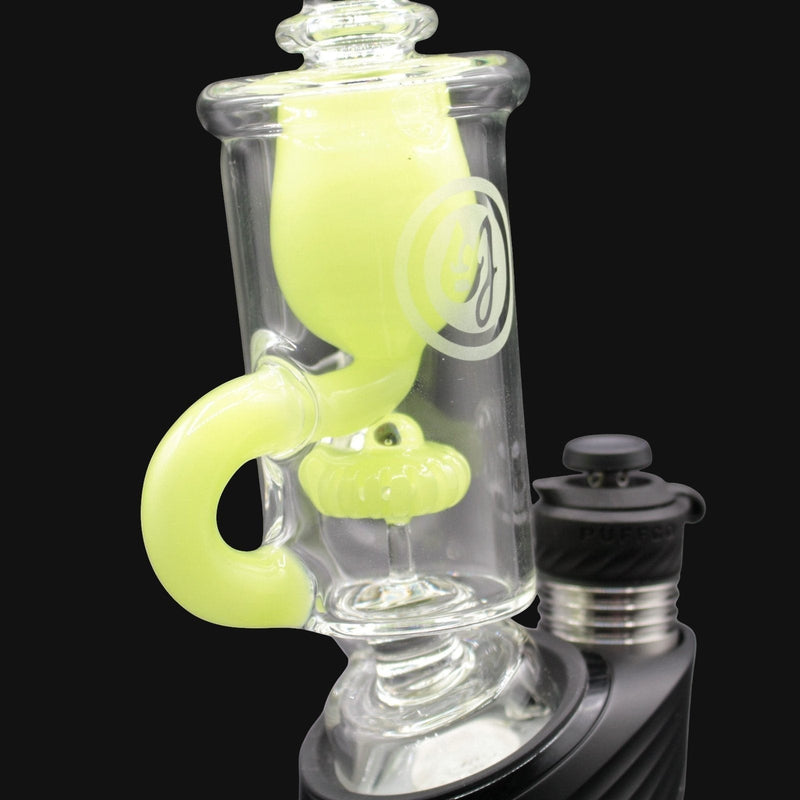 710 Pipes Smoke Shop OJ Flame Incycler Peak Top - Double Dose, clear glass with lime green accents, incycler design.