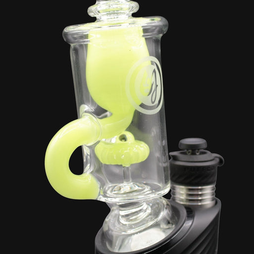 710 Pipes Smoke Shop OJ Flame Incycler Peak Top - Double Dose, clear glass with lime green accents, incycler design.