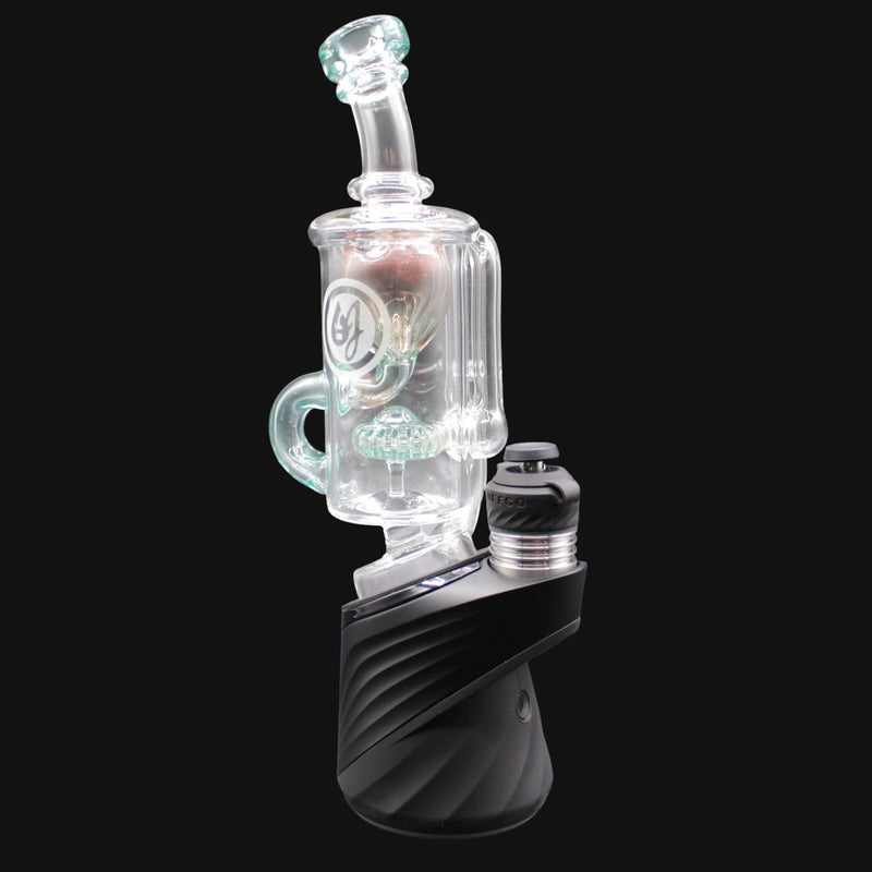 710 Pipes Smoke Shop OJ Flame Incycler Peak Top glass water pipe with a black base and silver accents.