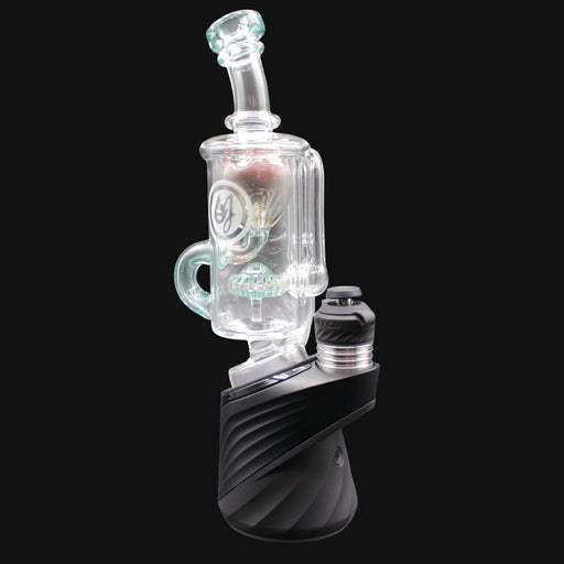 710 Pipes Smoke Shop OJ Flame Incycler Peak Top glass water pipe with a black base and silver accents.