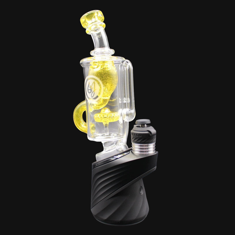 710 Pipes Smoke Shop OJ Flame Incycler Peak Top with yellow accents and glass percolator