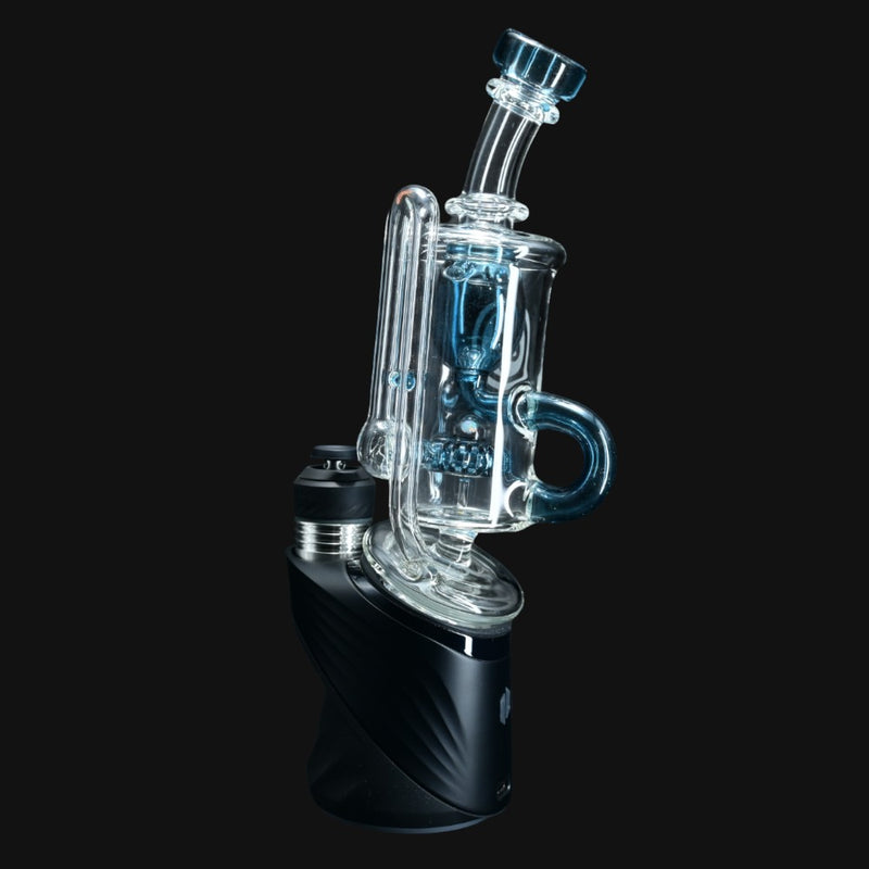 710 Pipes Smoke Shop OJ Flame Peak Incycler in blue stardust glass with a black base.