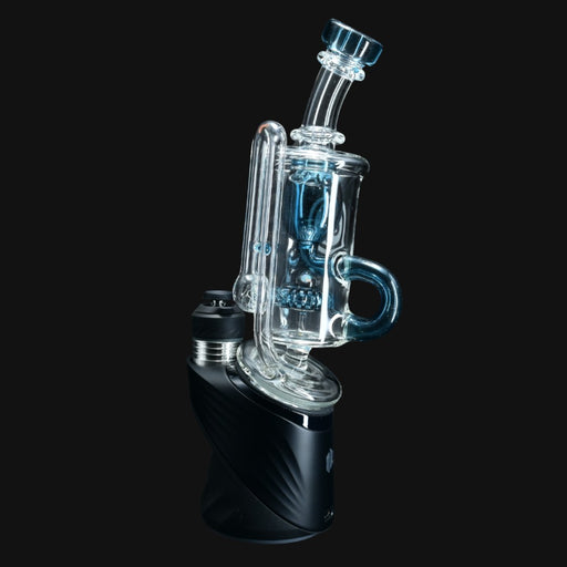 710 Pipes Smoke Shop OJ Flame Peak Incycler in blue stardust glass with a black base.