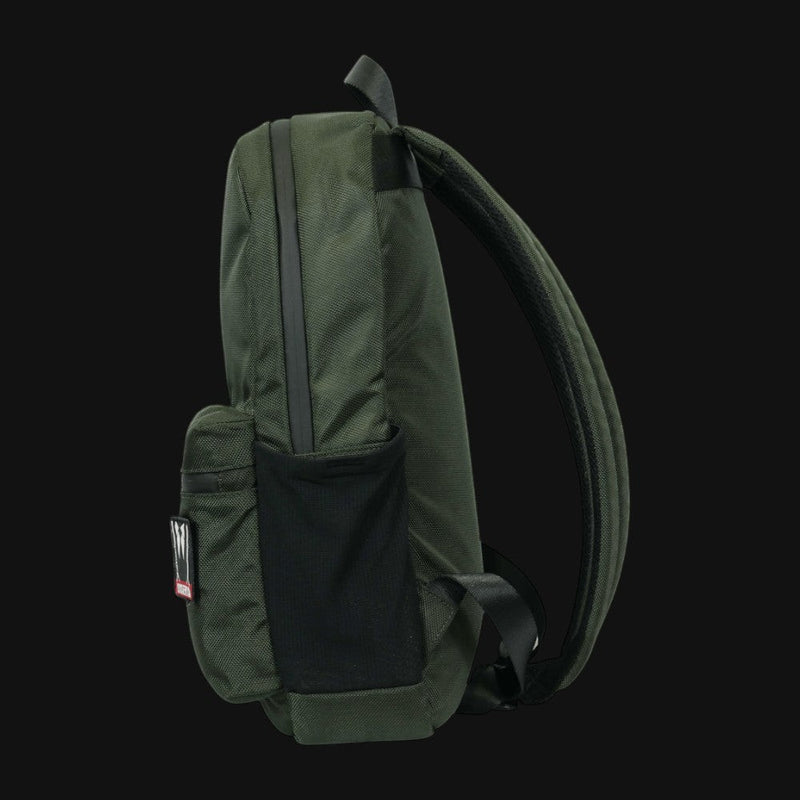 710 Pipes Smoke Shop Dime Bags The Earner olive green smell-proof commuter backpack with side pocket and branding