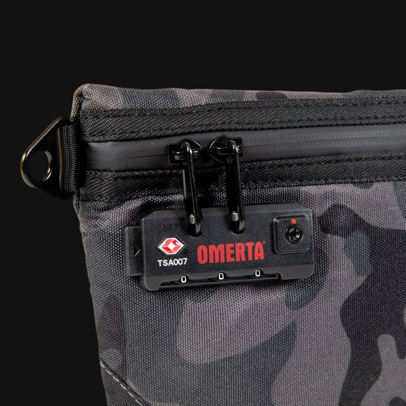710 Pipes Smoke Shop Dime Bags Omerta Collector stash bag featuring a black camo pattern and TSA-approved combination lock
