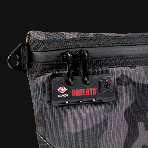 710 Pipes Smoke Shop Dime Bags Omerta Collector stash bag featuring a black camo pattern and TSA-approved combination lock