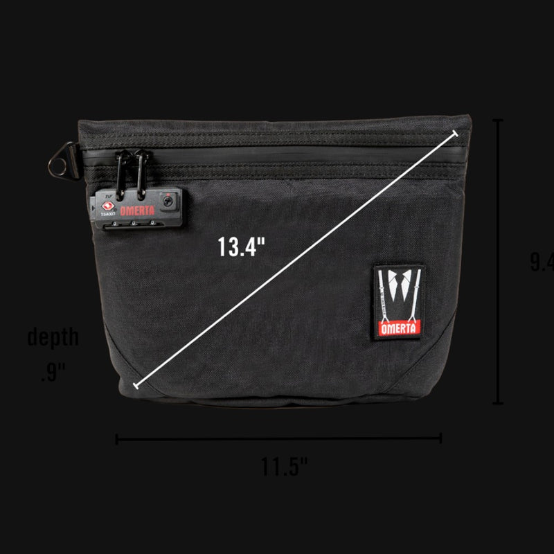 710 Pipes Smoke Shop black Omerta The Collector smell-proof stash bag with TSA-approved combination lock and dimensions.