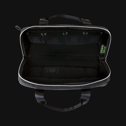 710 Pipes Smoke Shop Dime Bags 15 inch padded duffle tube with open black interior and multiple storage compartments