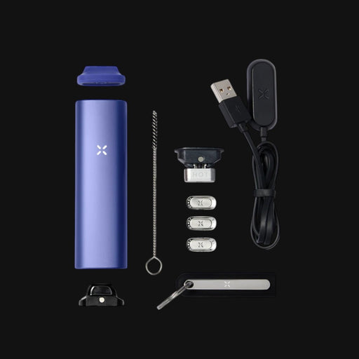 710 Pipes Smoke Shop Pax Plus Vaporizer Kit in blue, including device, charger, cleaning brush, and accessories.