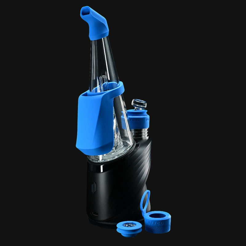710 Pipes Smoke Shop Peak Pro Travel Pack with blue silicone mouthpiece, carb cap, and chamber jacket on black base.