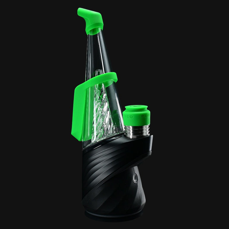 710 Pipes Smoke Shop Peak Pro Travel Pack with bright green silicone mouthpiece, chamber jacket, and tether.