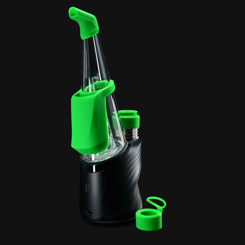 710 Pipes Smoke Shop Peak Pro Travel Pack with neon green silicone accessories for Puffco vaporizer on black base.