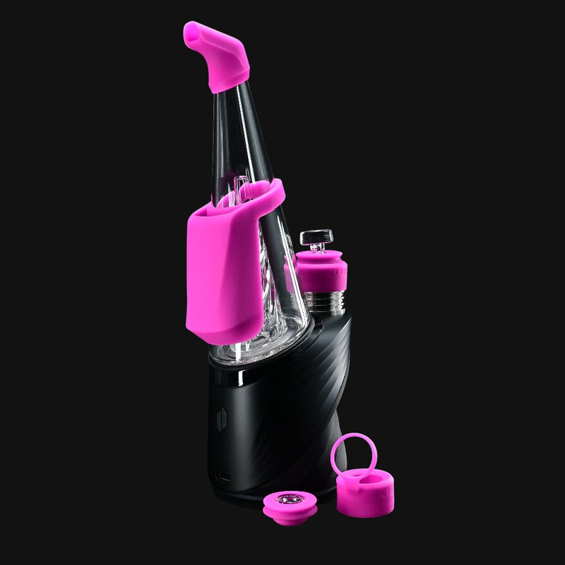 710 Pipes Smoke Shop Peak Pro Travel Pack with pink silicone mouthpiece, carb cap, and chamber jacket on black device