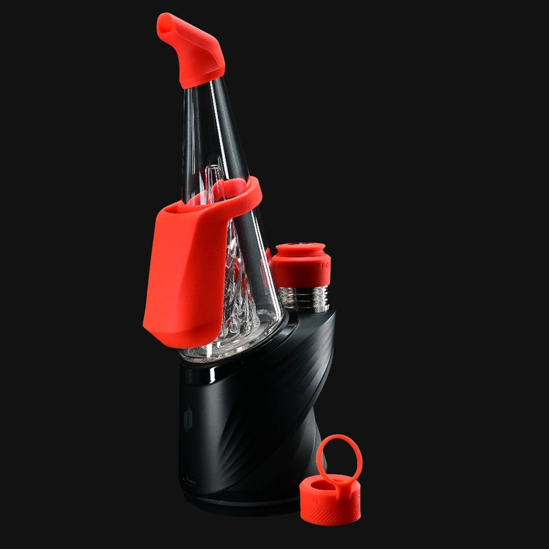 710 Pipes Smoke Shop Peak Pro Travel Pack with red silicone mouthpiece, carb cap, and chamber jacket on black base.