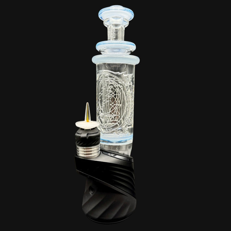 710 Pipes Smoke Shop Avant-Garde UV Accent Steal Your Columnar Peak Top #1, clear glass with blue accents and Steal Your Face logo.