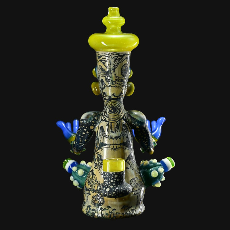 710 Pipes Smoke Shop Peyote Sight Eagle glass pipe by Aaron Brooks & Creep Glass. Yellow accents, intricate black & white artwork, blue hands, green feet.
