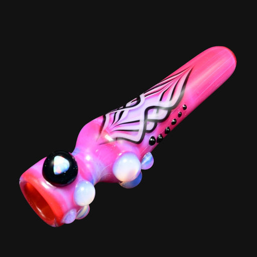 710 Pipes Smoke Shop pink glass hitter pipe with black pinstripe design and opal marble accents
