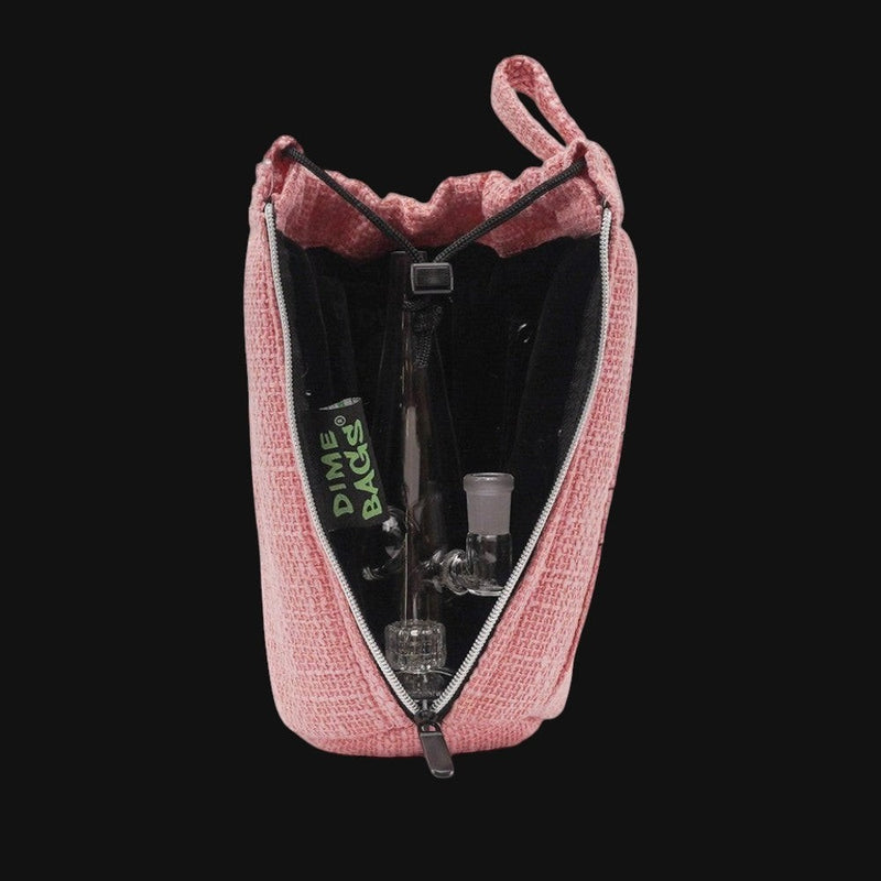 710 Pipes Smoke Shop pink Dime Bags 10-inch padded drawstring tube case holding a glass water pipe
