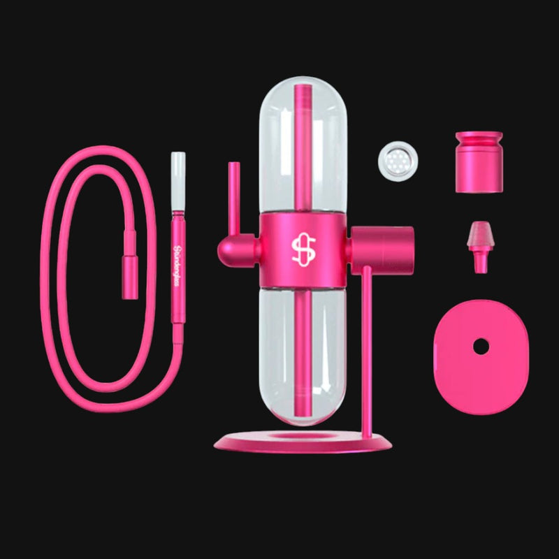 710 Pipes Smoke Shop pink Stundenglass gravity infuser with glass chambers, hose, and accessories on black background