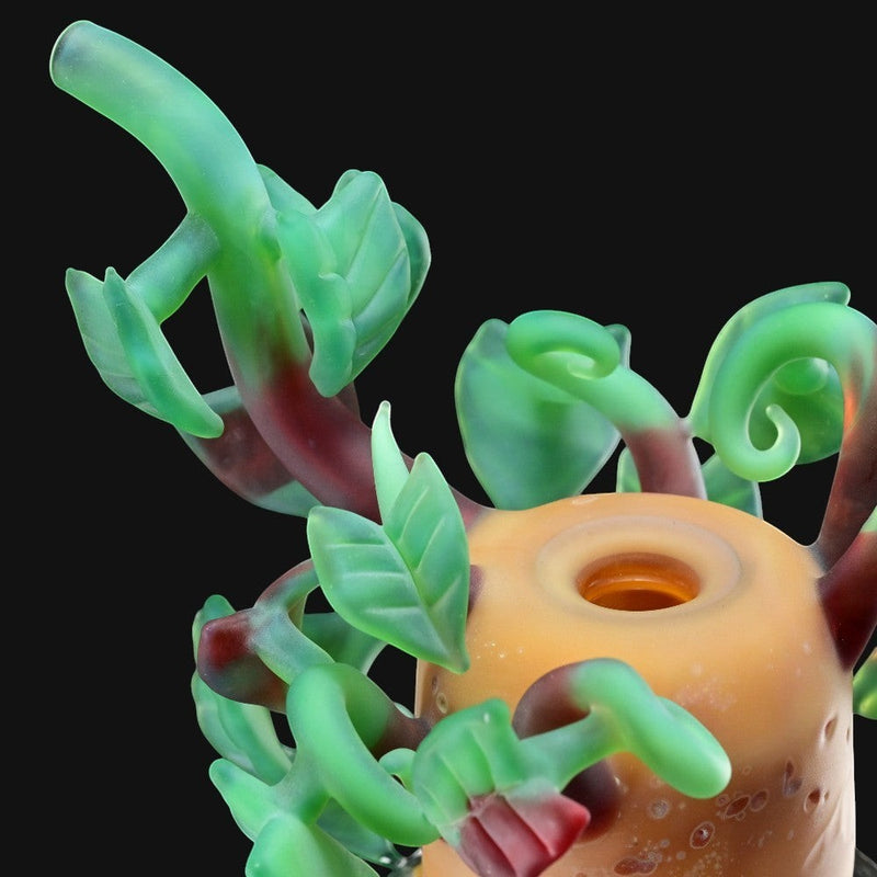 710 Pipes Smoke Shop Alec & Ryedeyer Potato Jar glass rig with frosted green vine and leaf details on orange base.