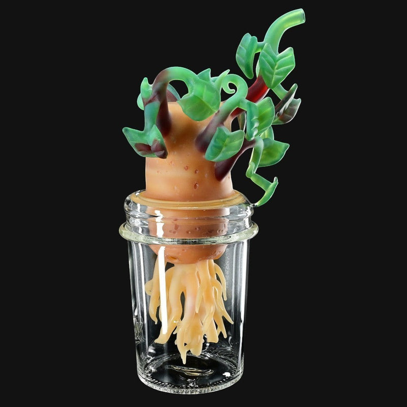710 Pipes Smoke Shop collaboration glass potato jar rig with green leaves and roots by AlecBlowsGlass and Ryedeyer