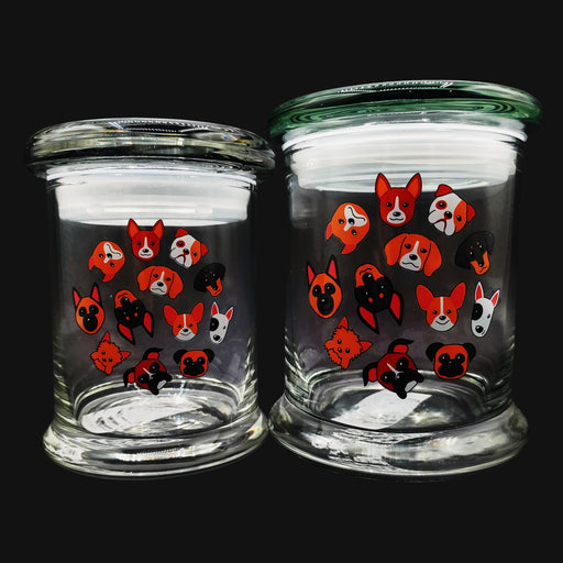 710 Pipes Smoke Shop Pulsar Pop Top glass stash jars featuring a colorful dog breed graphic print.