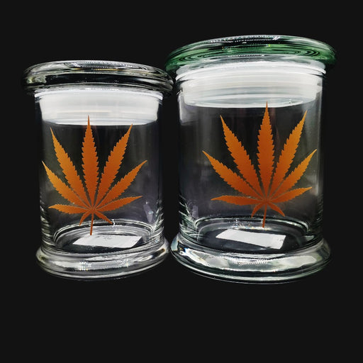 710 Pipes Smoke Shop Pulsar glass pop top stash jars with gold leaf cannabis leaf graphics for herb storage