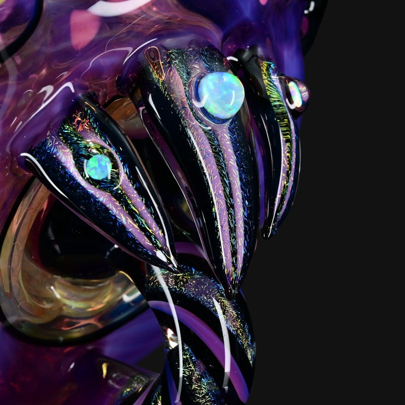 710 Pipes Smoke Shop intricate purple glass hookah rig with opal attachments and dichro accents.