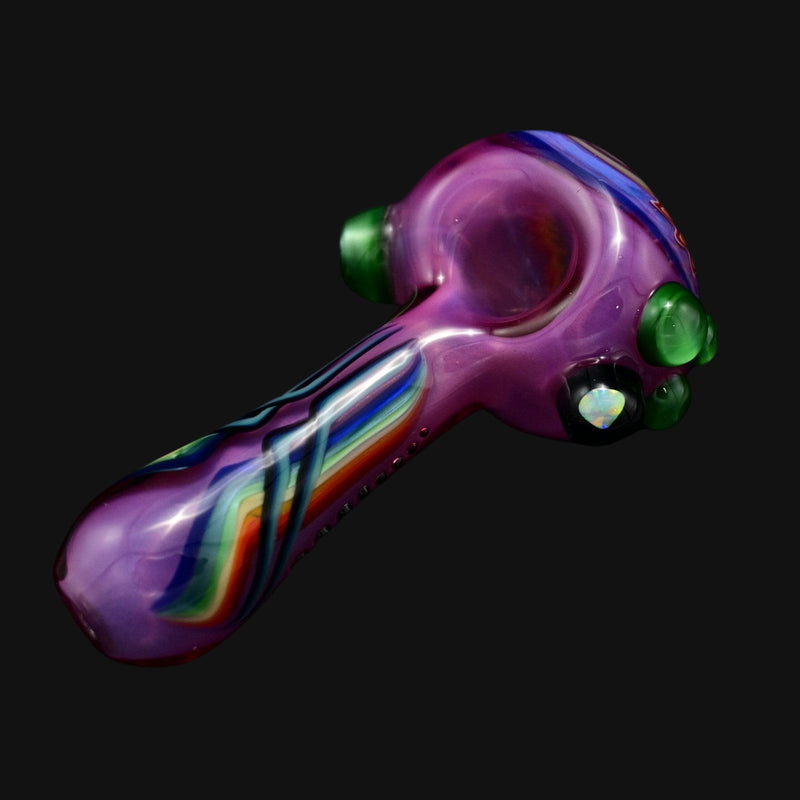 710 Pipes Smoke Shop purple glass spoon pipe with rainbow pinstripe design and green accents