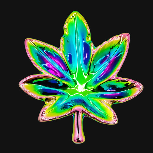 710 Pipes Smoke Shop rainbow iridescent hemp leaf shaped ashtray with a metallic finish on a black background