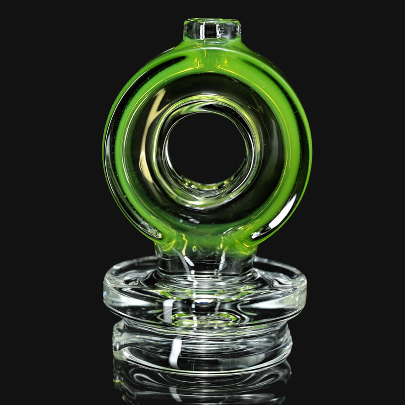 710 Pipes Smoke Shop Randohm Ohm Dry Peak Top in lime green glass with a circular design and clear glass base.