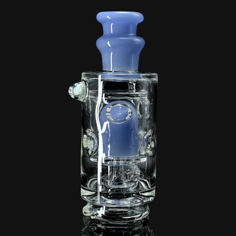 710 Pipes Smoke Shop Randohm Peak Straight Fab glass dab rig with satin over purple urple mouthpiece and fab center, 5.25" tall, with opal accent.