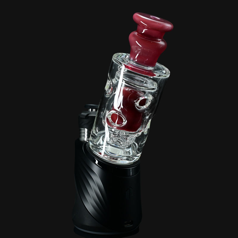 710 Pipes Smoke Shop Randohm Peak Straight Fab glass water pipe with purple rainbow mouthpiece and skull design. 5.5" tall.