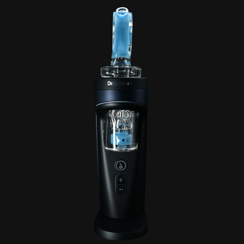 710 Pipes Smoke Shop Randohm Switch2 Fab Top - Satin/Calypso, 6.5" tall glass dab rig with blue perc and mouthpiece.