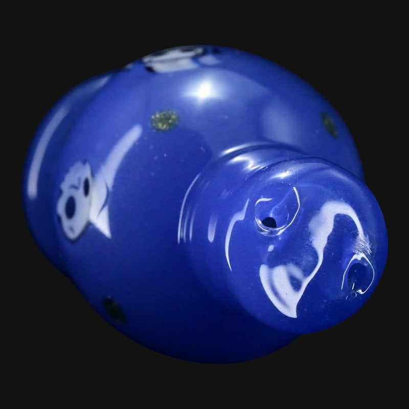 710 Pipes Smoke Shop Ras Glass blue spinner bubble cap featuring a detailed skull millie design in heady glass.