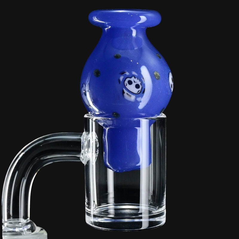 710 Pipes Smoke Shop Ras Glass blue cheese spinner bubble cap featuring a detailed skull millie design on glass