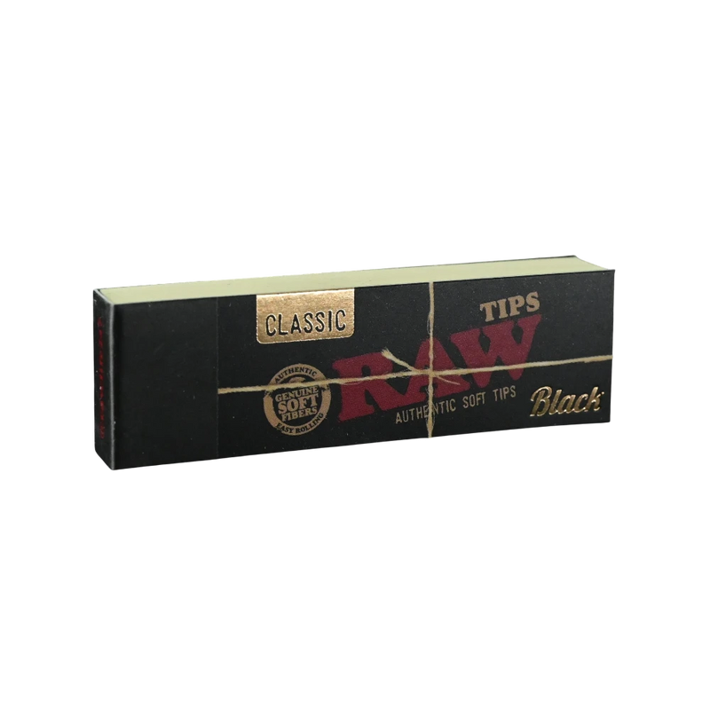 710 Pipes Smoke Shop RAW Black Classic rolling paper tips in a black rectangular booklet with gold foil branding