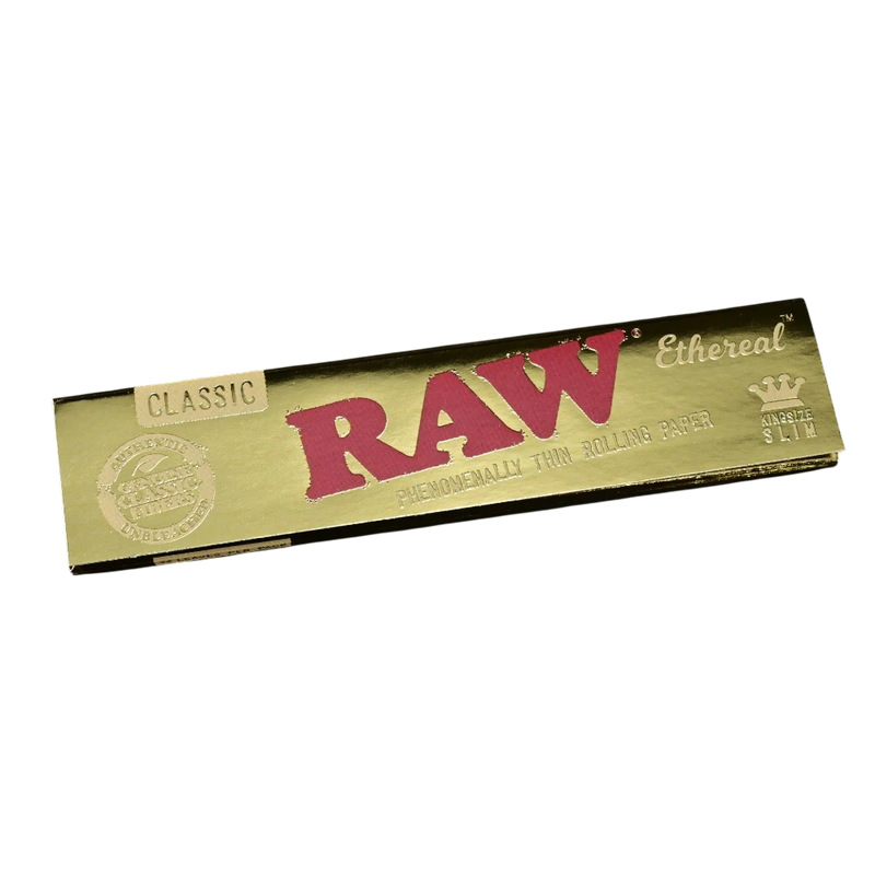 710 Pipes Smoke Shop Raw Ethereal kingsize slim rolling papers in a gold reflective pack