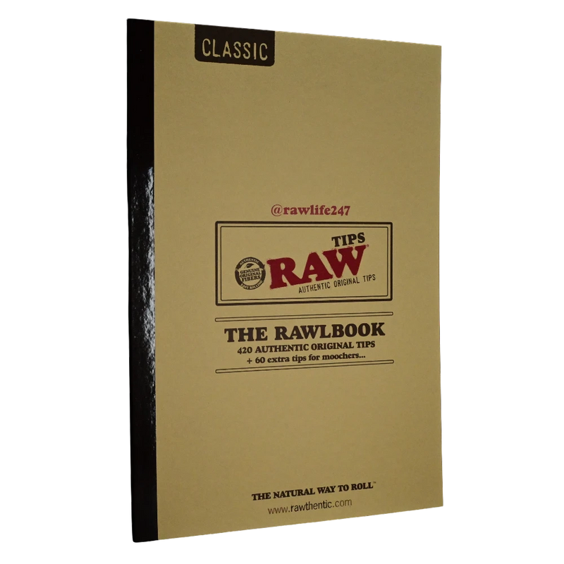 710 Pipes Smoke Shop RAW Rawlbook containing 480 unrefined natural paper rolling tips in a classic booklet format.