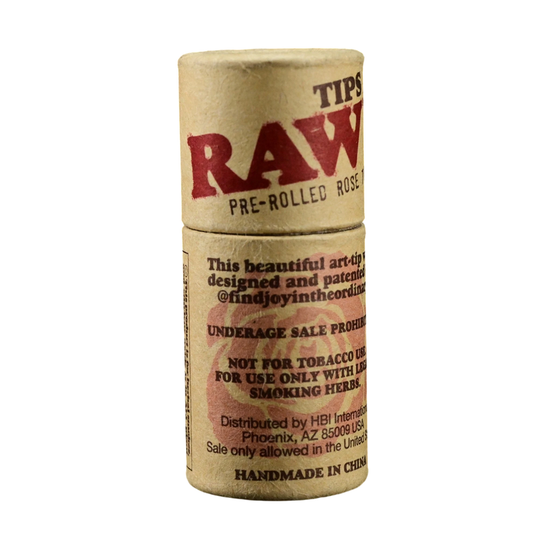 710 Pipes Smoke Shop RAW Pre-Rolled Rose Tip in a cylindrical cardboard container with natural unbleached paper.