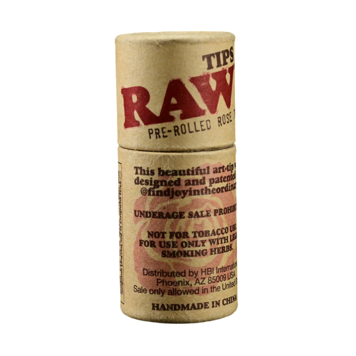 710 Pipes Smoke Shop RAW Pre-Rolled Rose Tip in a cylindrical cardboard container with natural unbleached paper.