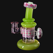 710 Pipes Smoke Shop RL. Dots Jammer glass water pipe with green accents and pink dot pattern.