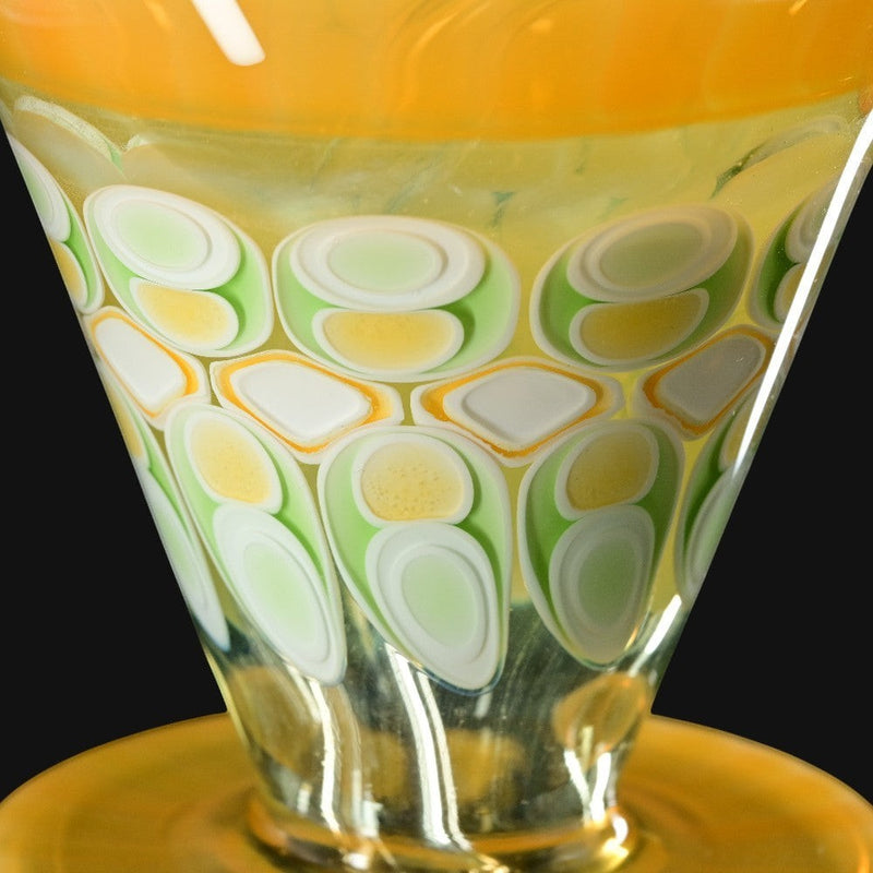 710 Pipes Smoke Shop RL. Dots Talus Rig #2 glass pipe with yellow, green, and white dot pattern. 6 inches tall.